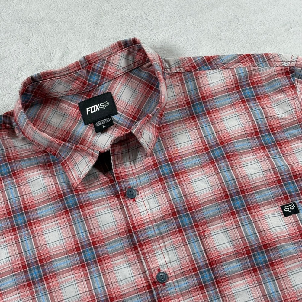 Fox‎ Racing Mens Large Red Plaid Short Sleeve Button Down Shirt Cotton Blend
